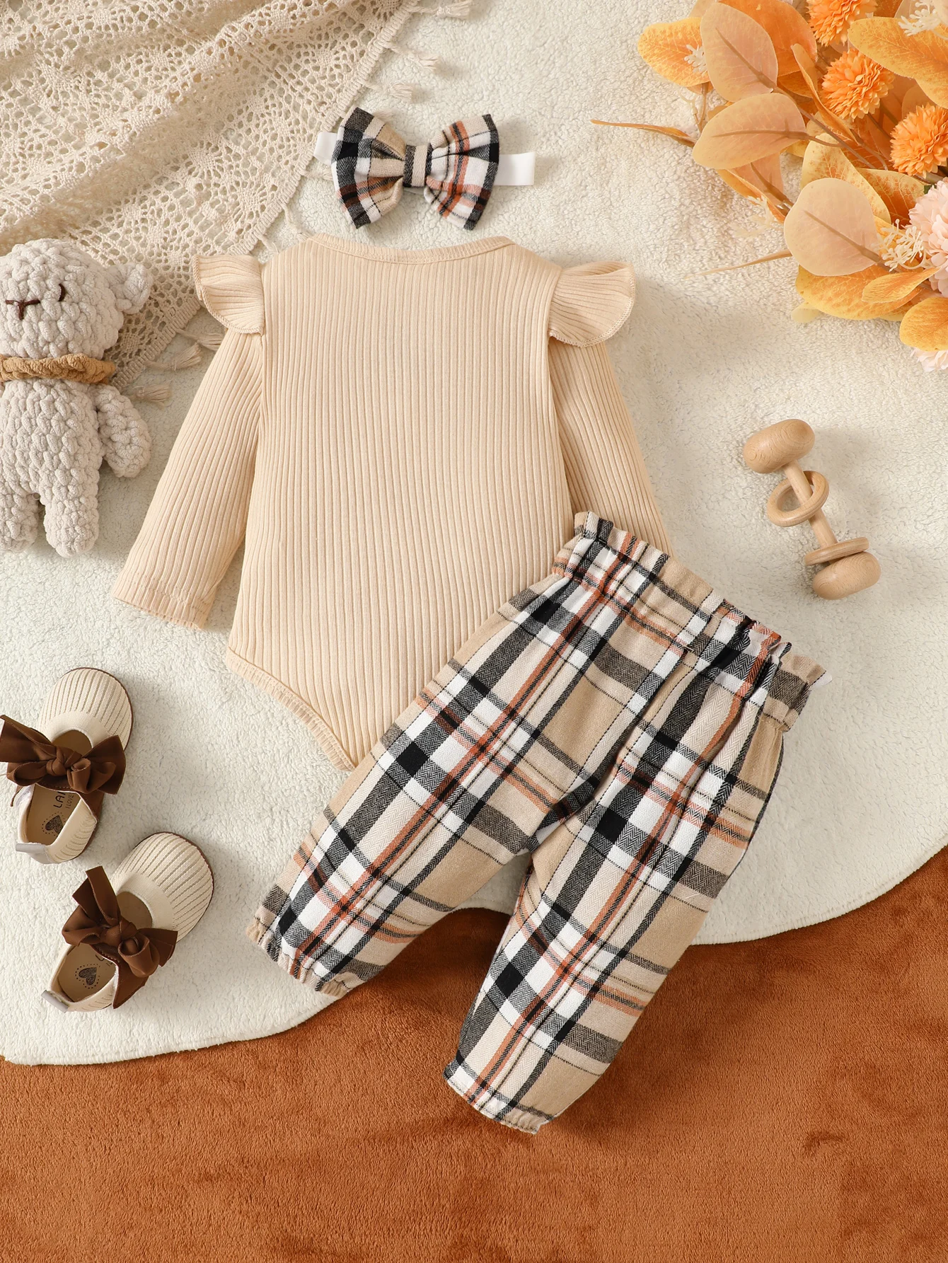 Baby Girl and Child Spring and Autumn Apricot Round Neck Bear Long sleeved jumpsuit and bow plaid pants with headband set