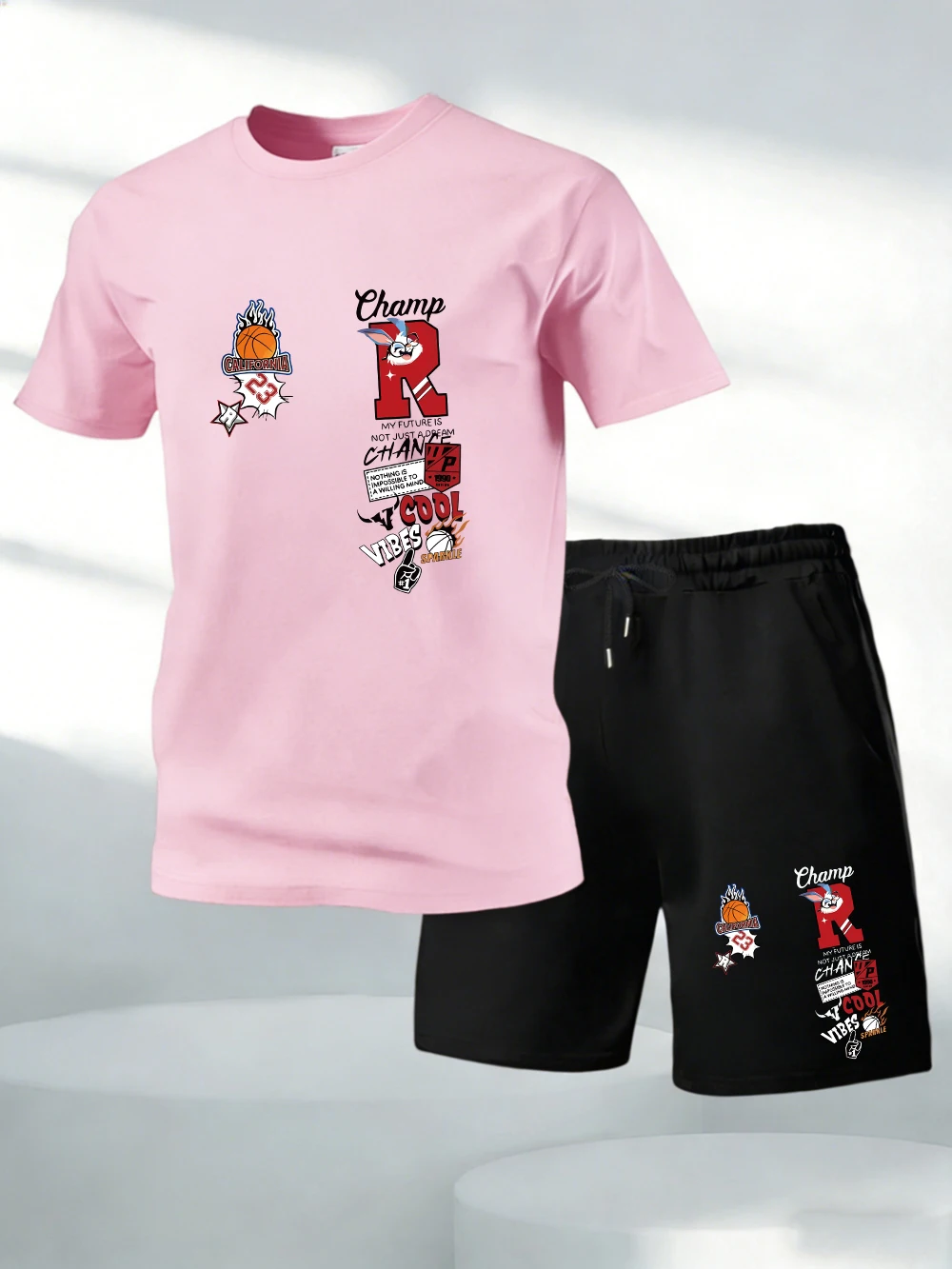 

Two Pieces Set California Letter Creative Print Cotton Tops Shorts Mens Oversized Soft O-Neck T-Shirts Pocket High Waisted Pants