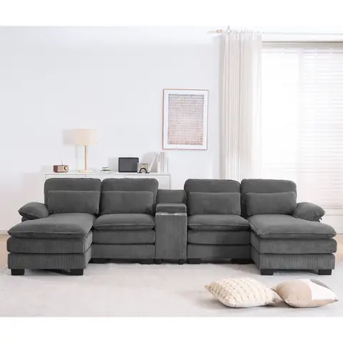 124" Modular U-Shaped Sectional Sofa, 4-Seater Cloud Couch Corduroy Living Room Set w/ Storage Console, Cup Holders, Pillows