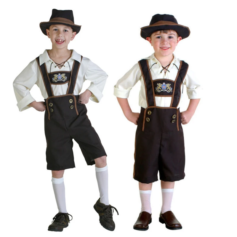 Halloween Children's Boys Suits Beer Festival Hat+Suspender Trousers Outfit Oktoberfest Cultural Performance Traditional Costume