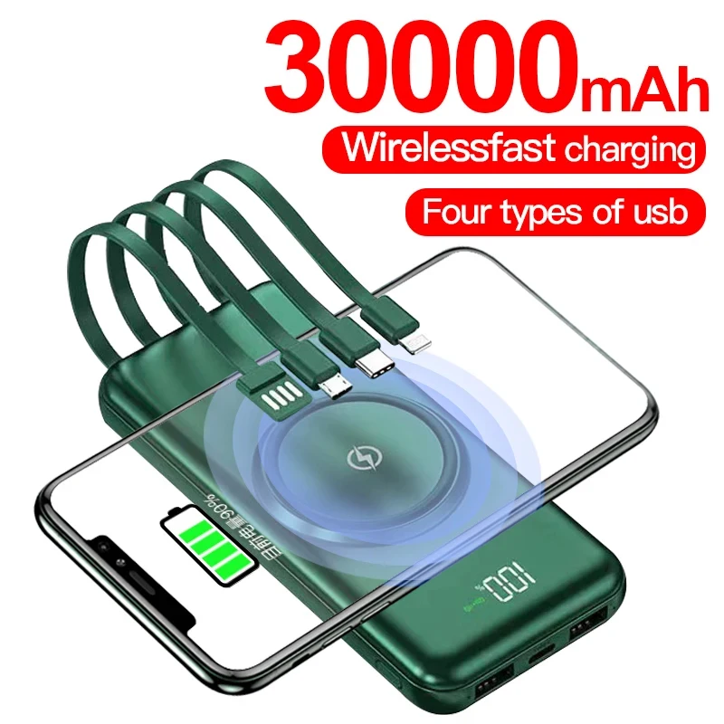 Wireless Power Bank 30000mAh Portable Charger Fast Charging Digital Display External Battery Built-in cables for iphone Xiaomi