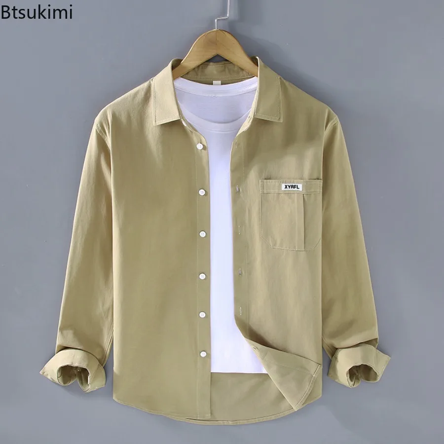 เสื้อเชิ้ตแขนยาวผ้าฝ้าย 100% สำหรับผู้ชาย สไตล์มินิมอล เรียบง่าย ลำลอง วินเทจ เสื้อคาร์โก้ สำหรับฤดูใบไม้ผลิและฤดูใบไม้ร่วง เสื้ออเนกประสงค์ เสื้อเชิ้ตผู้ชาย เสื้อโค้ท