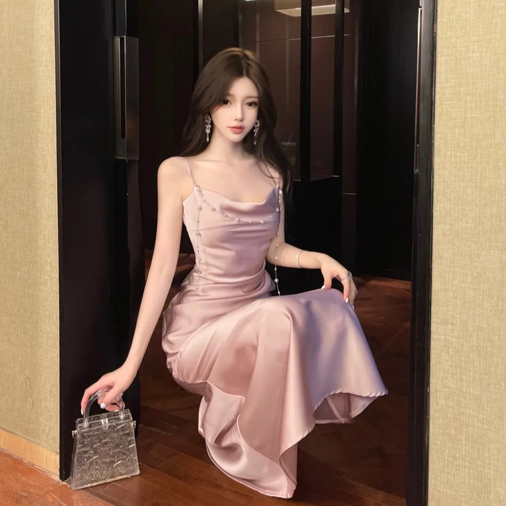 Ele Satin robe sans bretelles femme Faion minceur longue Dr automne hiver Ele dame Sle taille moyenne h-ape Dr