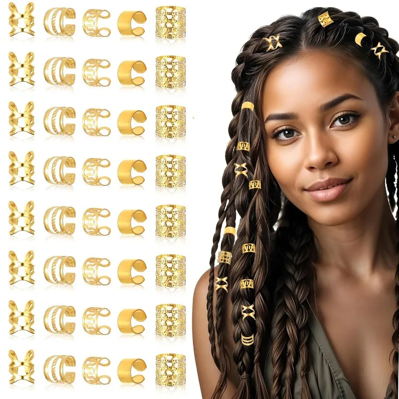 Juego de Cuentas para Rastas, Accesorios para Trenzas de Cabello en Oro y Plata, Joyería para Rastas, Anillos para Extensiones de Cabello para Mujer