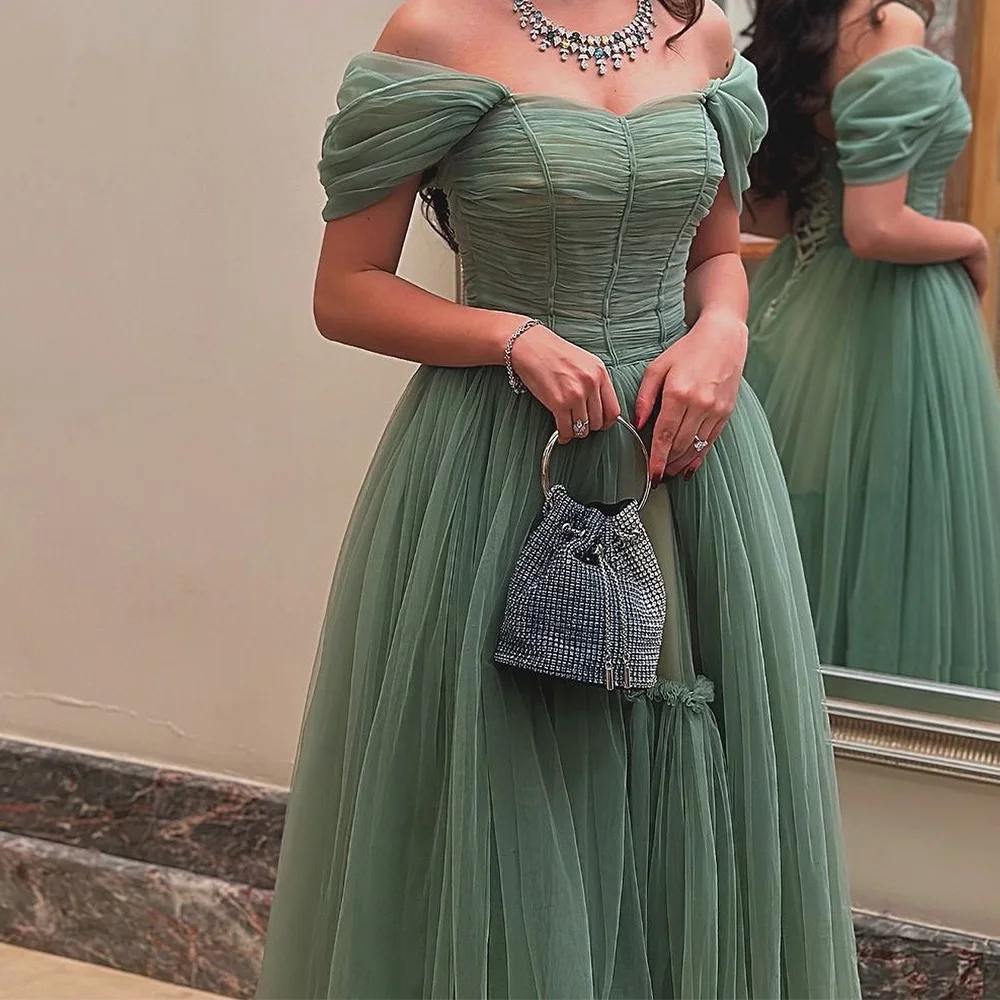 

Customized Classic Sweetheart Off the Shoulder Lace Up Back Party Gowns Temperament A-Line Organza Green Pleats Evening Dresses