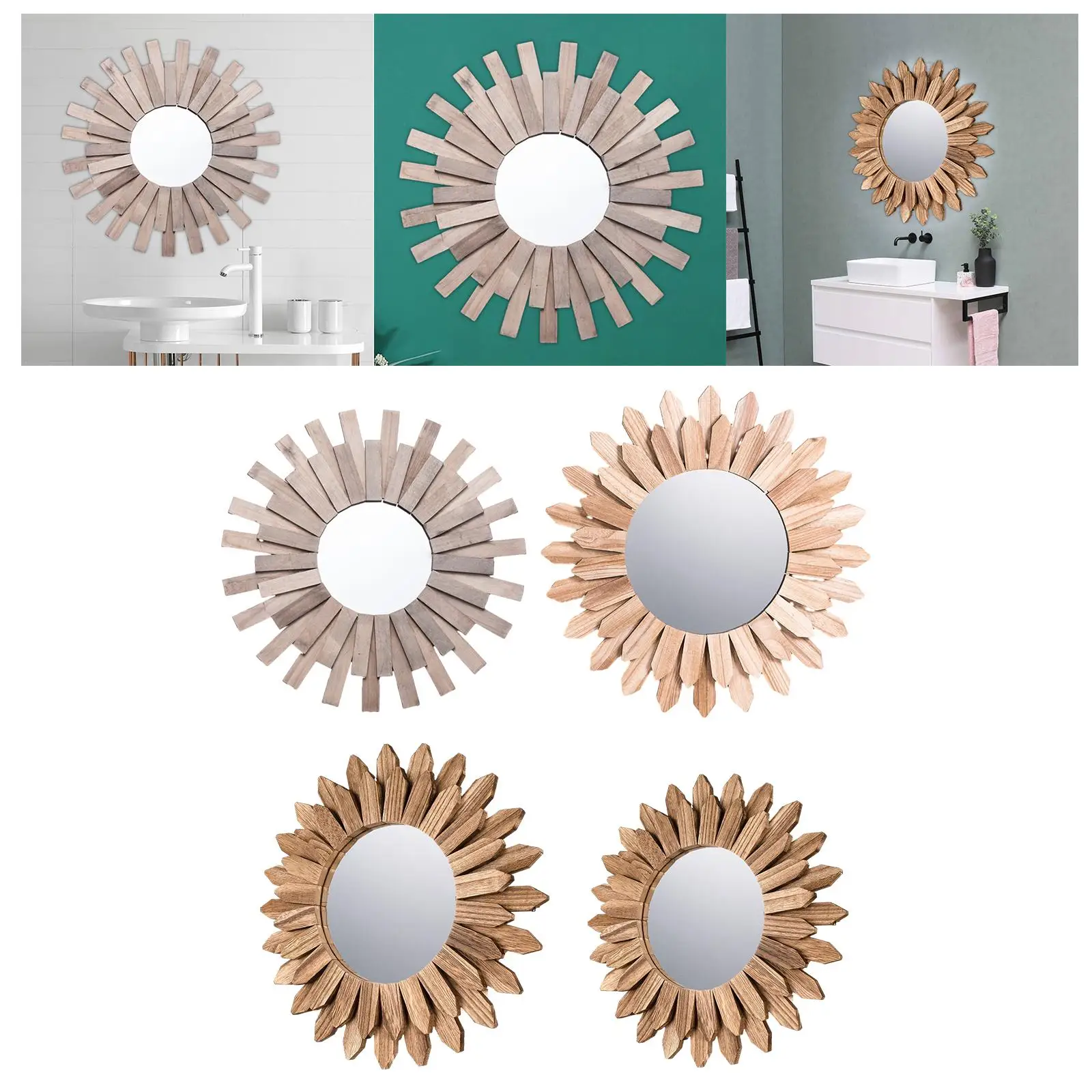 Wall Mounted Mirror Wooden Decorative Art Decoration Round Makeup Mirror for Bathroom Dinning Room Living Room Entryway Office