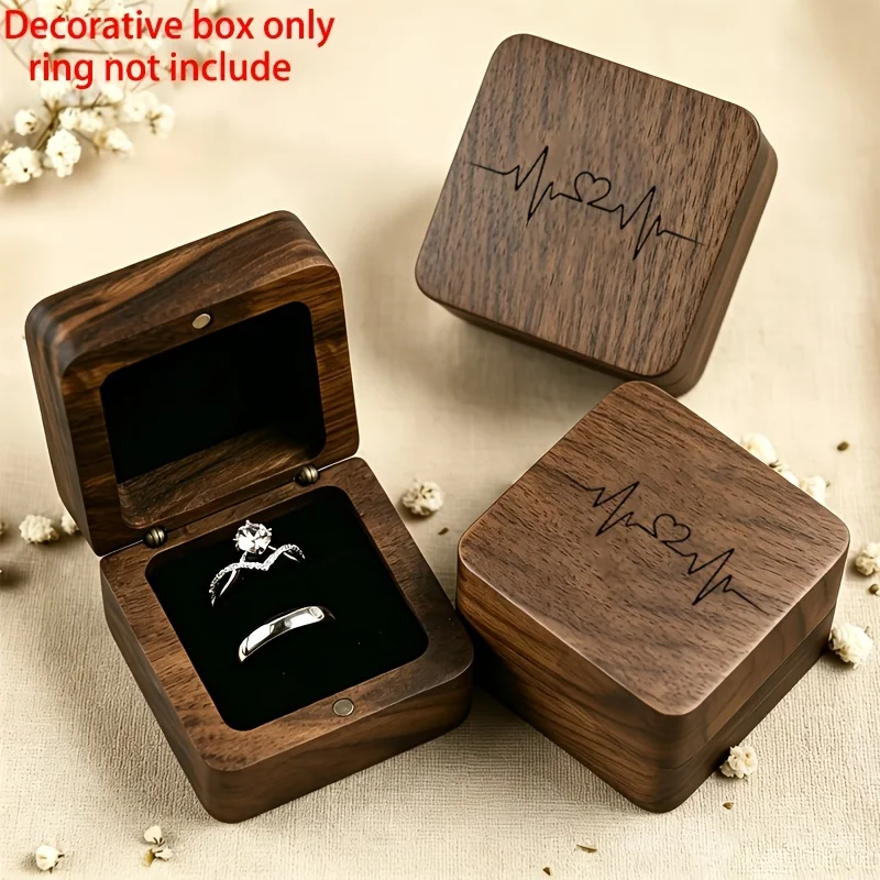 2D 1PCS Heartbeat Line Wood Elegant Wood Keepsake Pattern Lid Suitable Proposals Wedding Ring Storage Engagement Bridal Gift