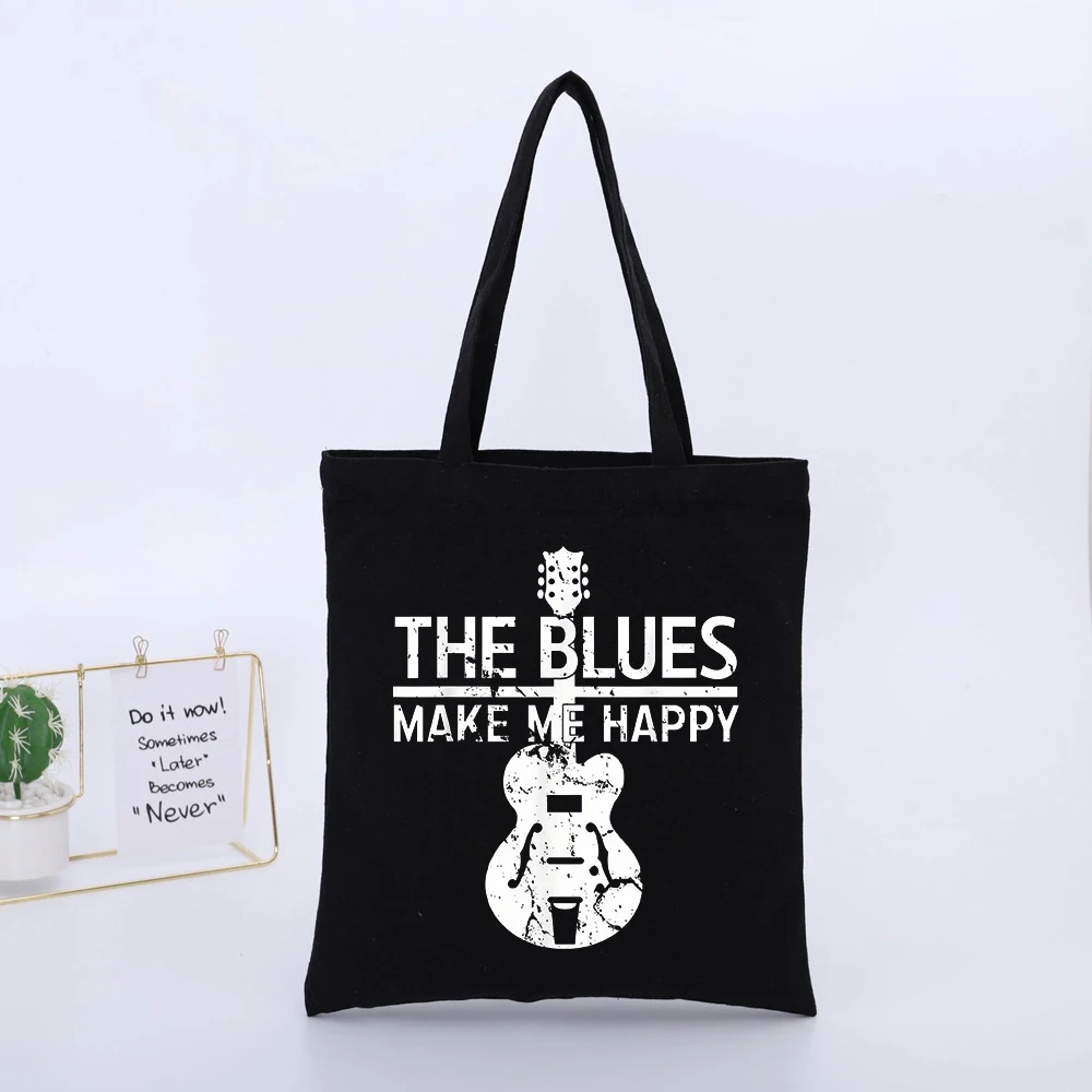 Guitar and Typography Print Canvas Tote Bag, Vintage Style for Daily Casual Use