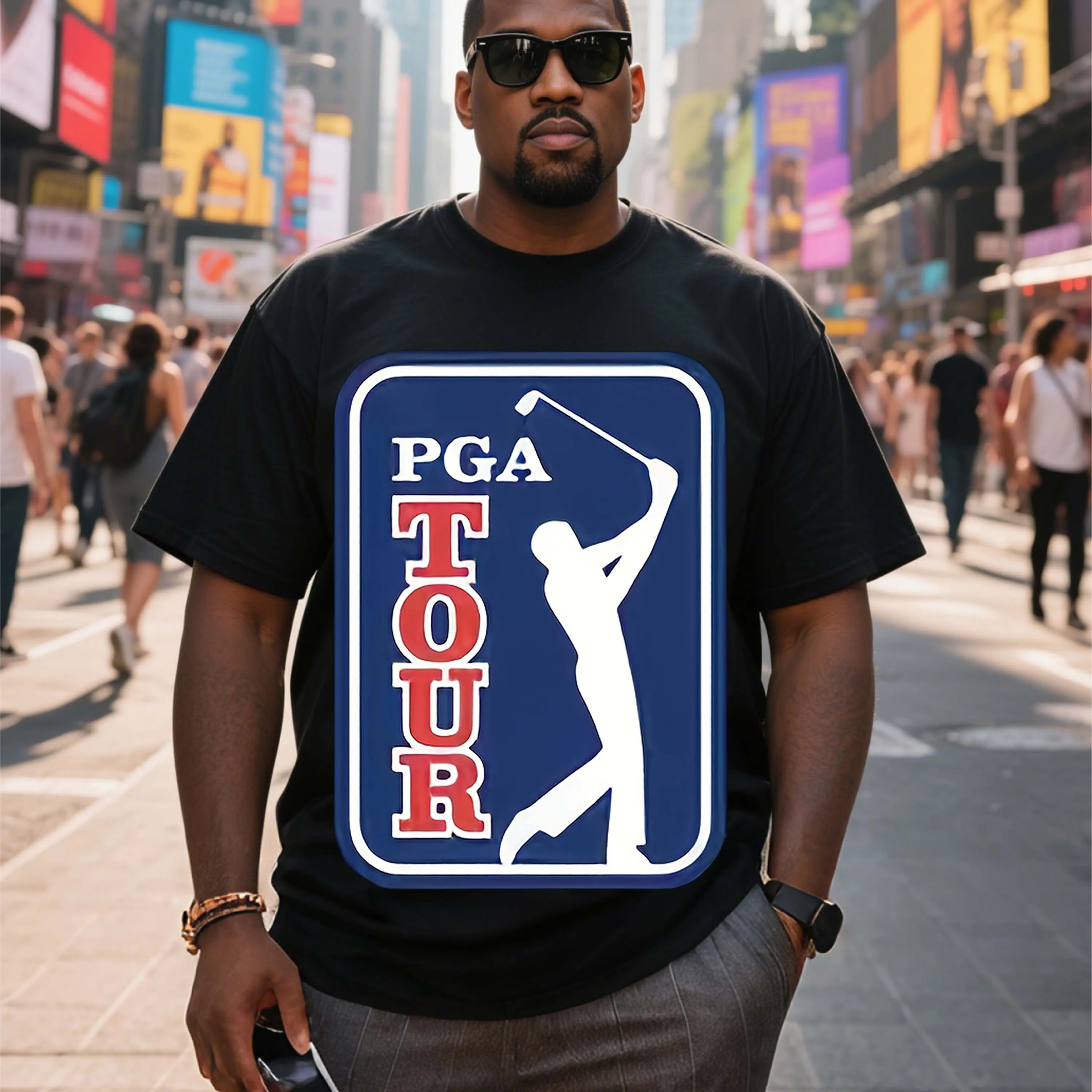 

Plus Size Pga Tour Logo Graphic Black Short Sleeve T-Shirt for Men Suitable for Outdoor Leisure Wear in Summer