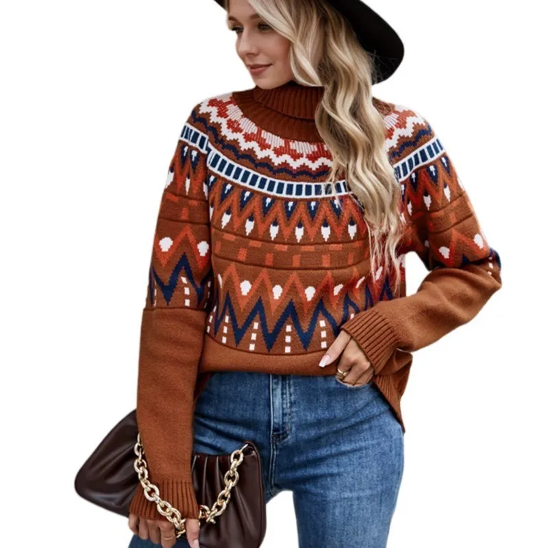 

2025 Winter New Women's Retro Striped Patchwork Color Sweater Turtleneck Loose Knit Свитер Женский Вязаный