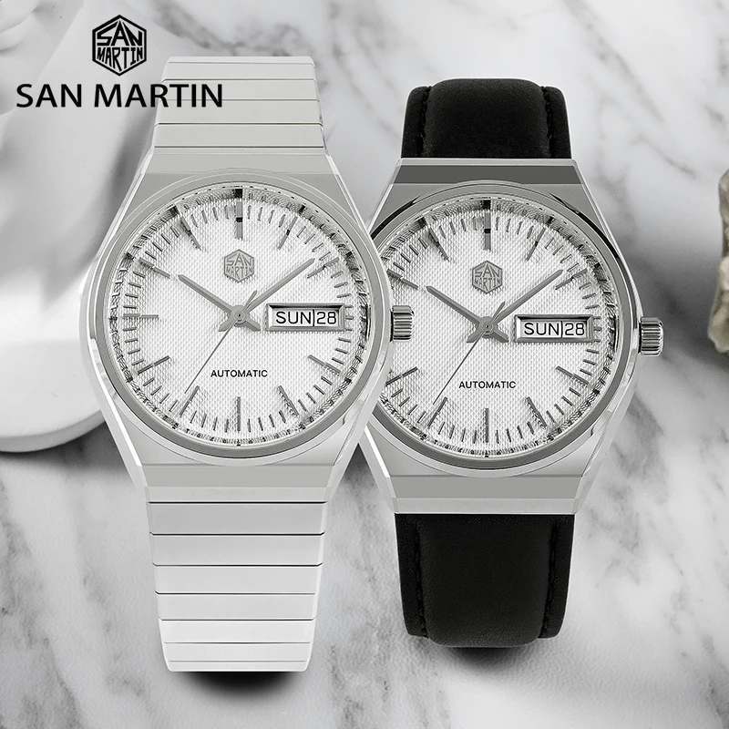 San Martin Men Dress Watch 37mm Luxury Fashion ST2100 Automatic Mechanical Sports Business Sapphire Grid Dial Date & Day Window