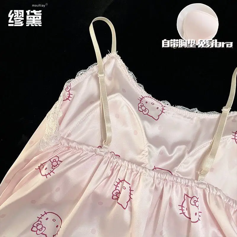 سانريو بيجامة عصرية هالو كيتي تنورة ليلية من الحرير الجليدي مع وسادة صدر بيجامات نسائية صيفية حبال ملابس منزلية مثيرة صيفية #3