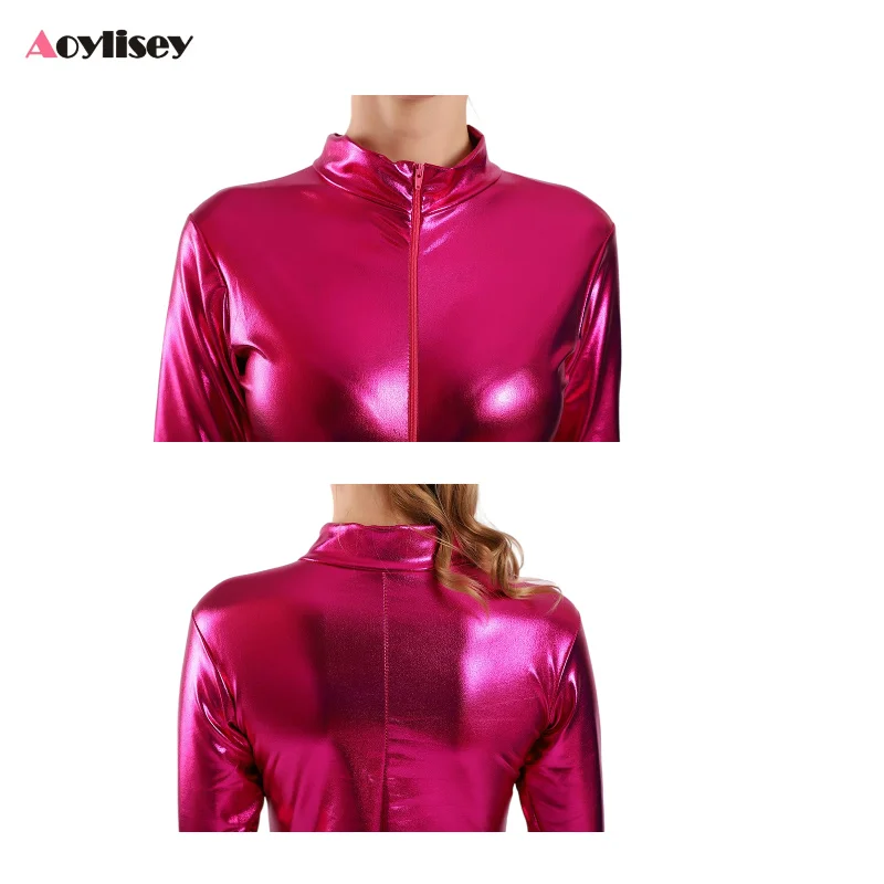 Vêtements de danse de ballet métalliques brillants pour femmes, combinaisons, fermeture à glissière avant, perforation de scène, olympiques d'Halloween, olympiques de cosplay