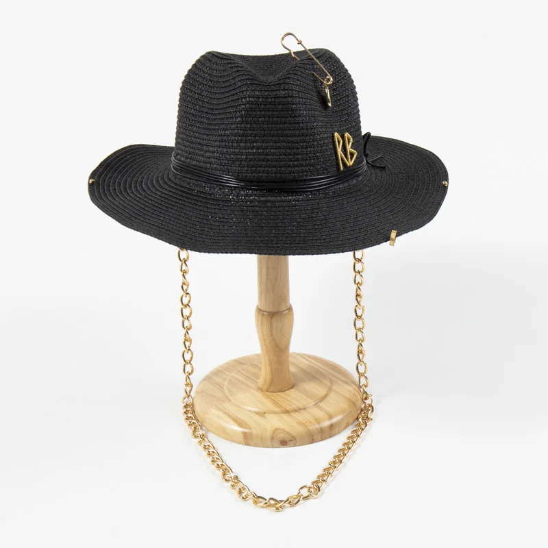 Luxury Desiger Brand Chain Strap Fedora Straw Hat For Women Summer Sun Hat With Neck Protection Rope Black Panama Beach Hats