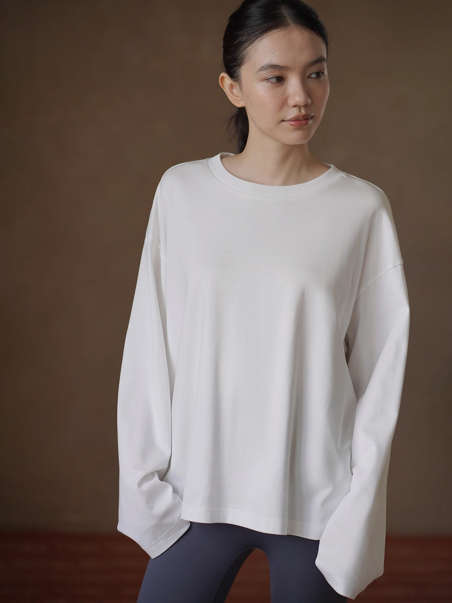 Hacikis Casual Long Sleeve T-Shirt 100% Cotton Soft Cloud Feeling Loose round Neck Slimming Shoulder Drop Cotton Knitted Top