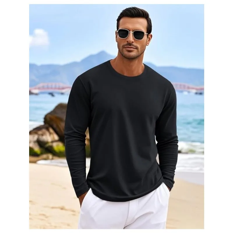 Classic pure cotton black long sleeved T-shirt, suitable for all seasons, with excellent breathability