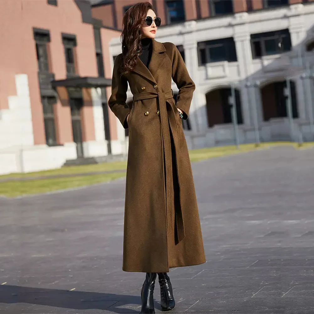 

New Women Overlength Woolen Coat Spring Autumn Elegant Fashion Double Breasted Belt Slim Overcoat Long Wool Tops Coat