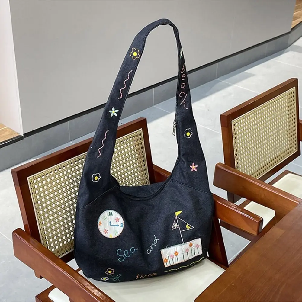 

Vintage Cloth Denim Canvas Bag Korean Style Large Capacity Cartoon Pattern Shoulder Bag Handbag Retro Embroidery Tote Bag Women