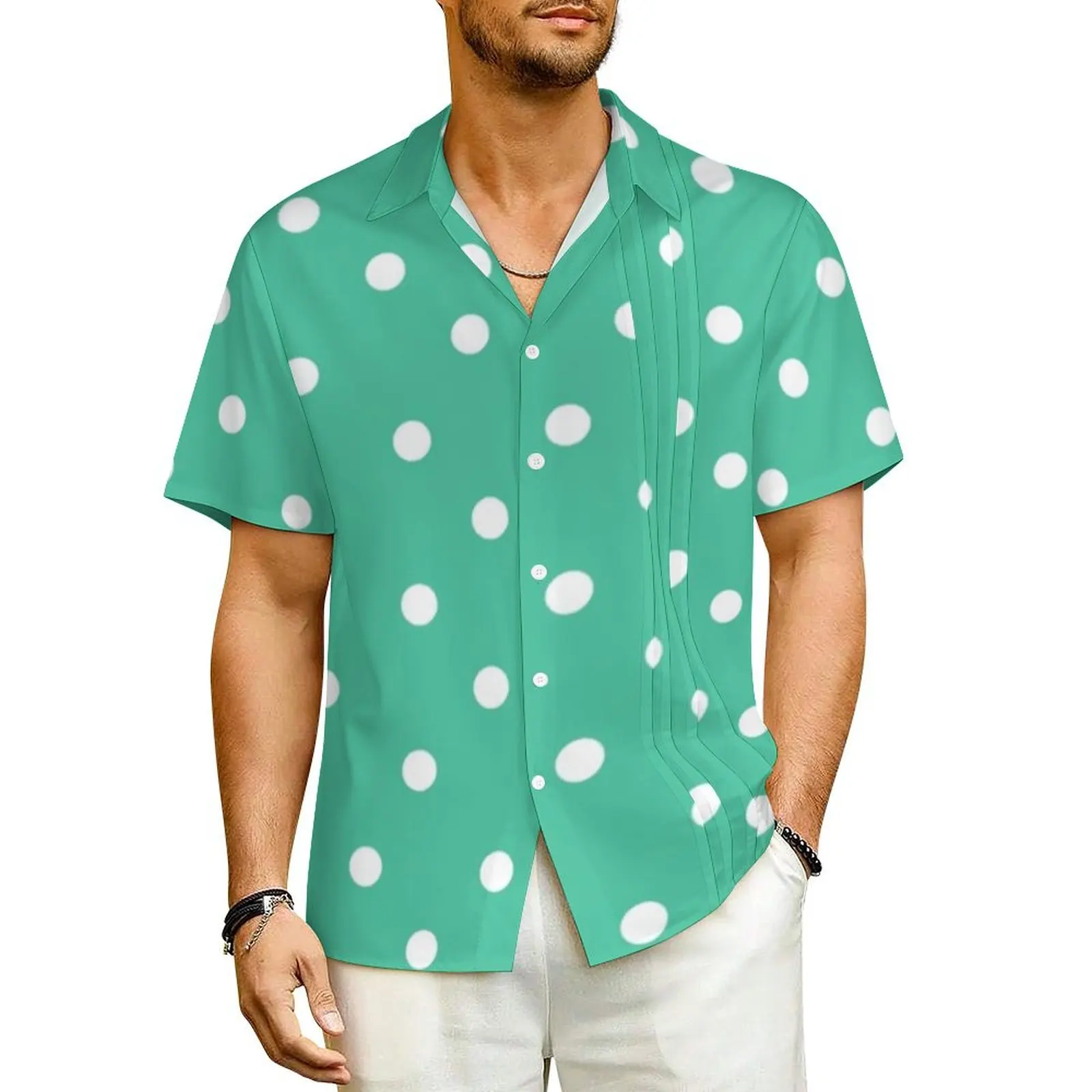 

White Polka Dot Casual Shirt Biscay Green Vintage Hawaii Shirts Men Short Sleeve Beach Harajuku Graphic Oversized Blouses