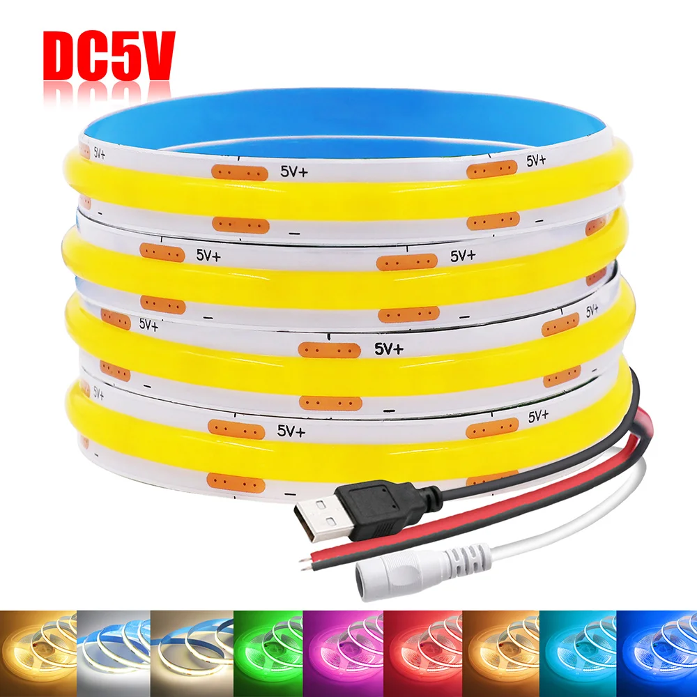 USB LED COB 스트립 라이트, 흰색, 따뜻한, 자연, 파란색, 빨간색, 핑크, 녹색, 2 핀 DC 플러그, 320LED 유연한 테이프, 밝은 선형 조명, 5V