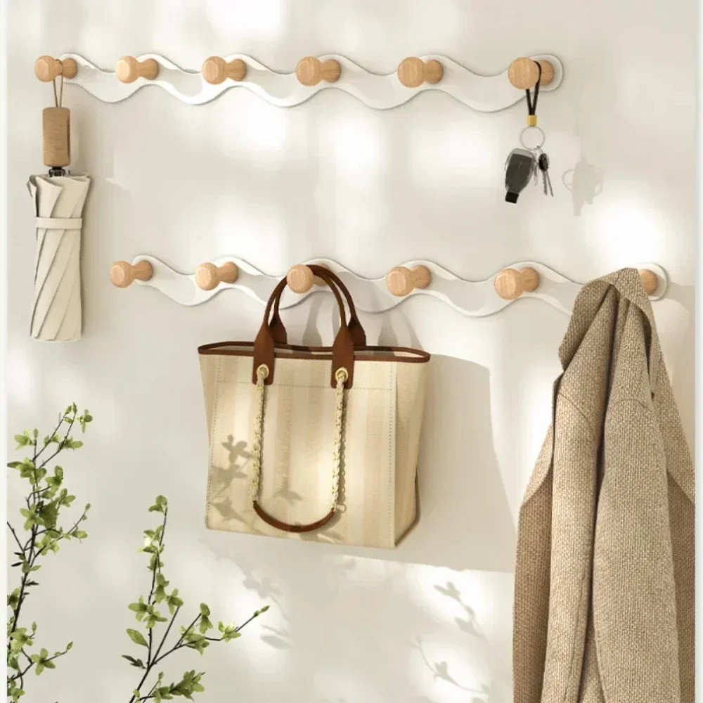 

Customizable Creative Wave Iron Hook Row Wooden Coat Rack
