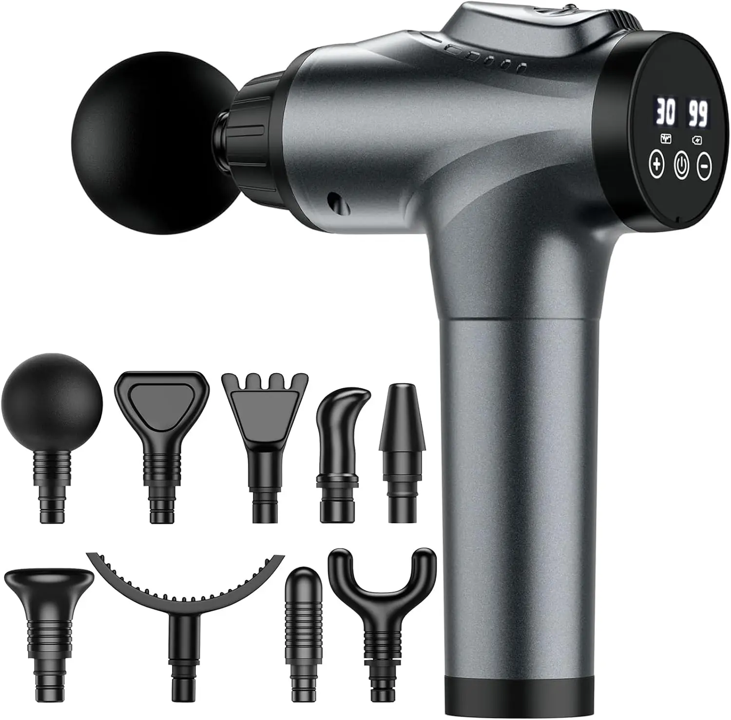 

Массажный пистолет для спортсменов, электрический ударный массажер с 30 скоростями и 9 головками для облегчения глубоких тканей