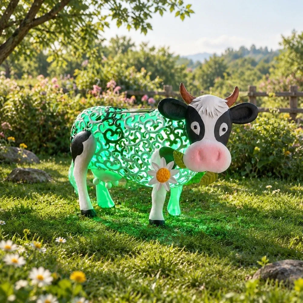 Ornament Animal Shaped Daisy Cow Solar Light Color Changing Garden Decor LED Garden Solar Lamp Solar Cow Statue Garden