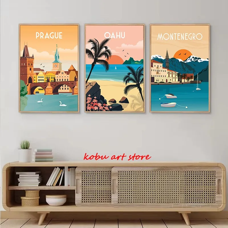 Travel Canvas Painting Illustrated Maui Mauritius Menorca Paros Posters Prints Wall Art Picture for Living Room Home Decor