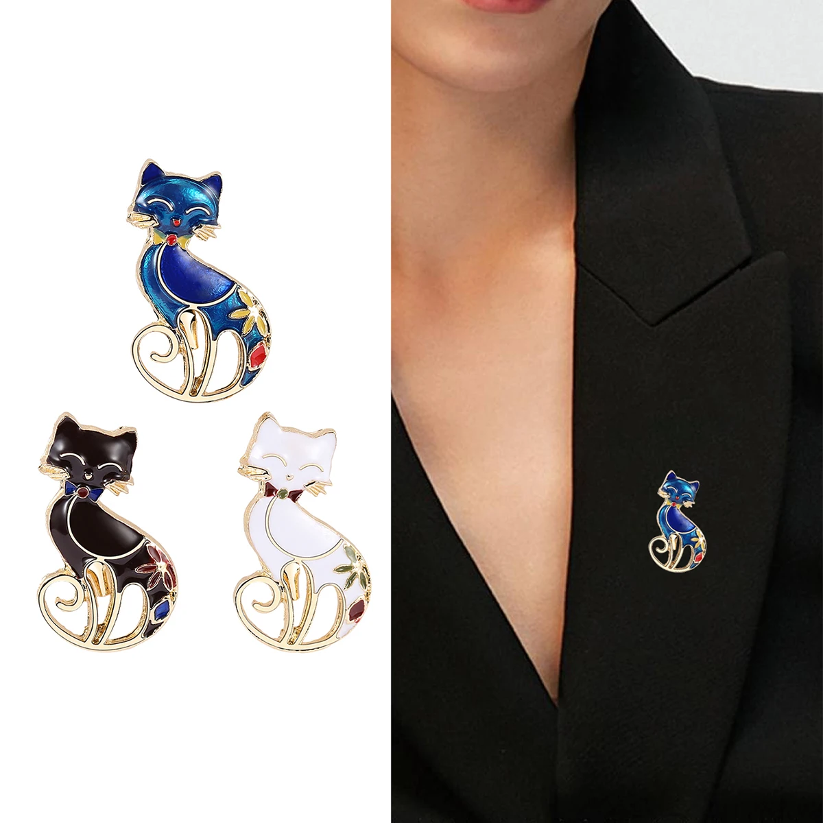 Trendy Enamel Cat Brooches for Women Unisex 3-color Classic Animal Pins Office Party Friend Gifts Accessories