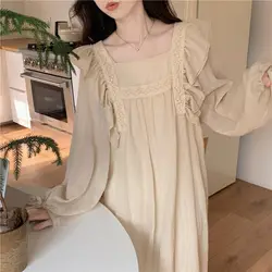 Ruffles Nightgown Sleepwear Women Korean Night Dress Solid Spring One Piece Pajamas Long Sleeve Square Collar Home Wear 2024 New