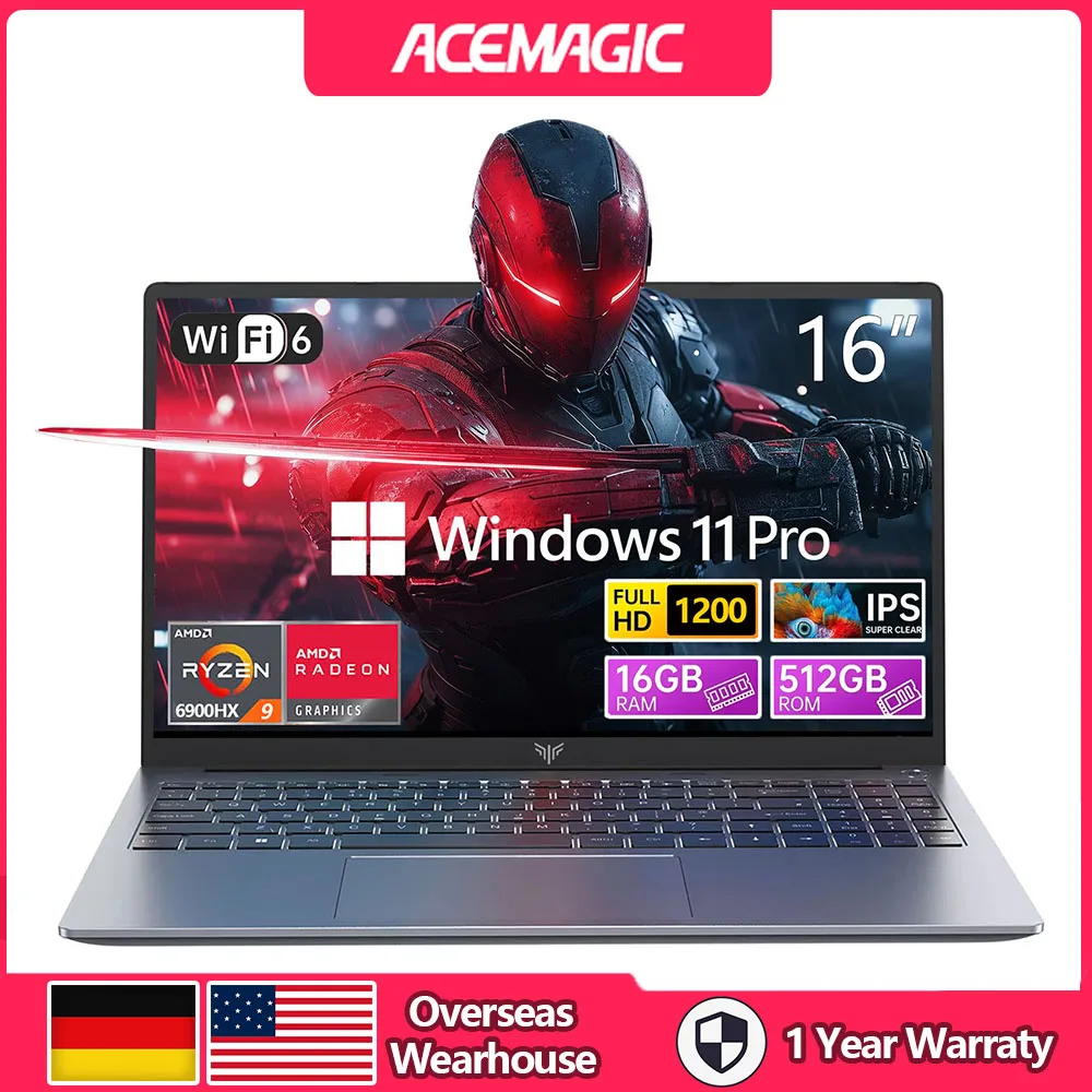 ACEMAGIC RX16 AMD Ryzen 9 6900HX 16,1 "Ultra delgado 4000MAH portátil 16GB LPDDR5 Ram 512GB Rom Windows 11Pro BT5.2 Wifi 6 Notebook