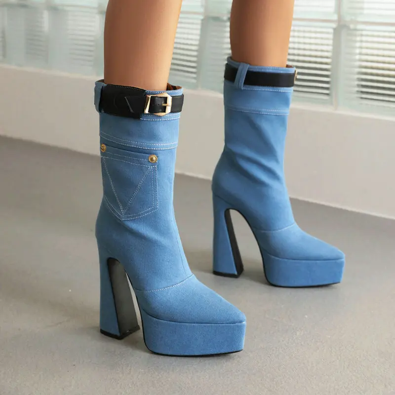 Denim Jeans Blue Black Pointed Toe Western Goth Women Shoes Winter Buckle Belt Mid-calf Platform High Heels Boots With Pocket