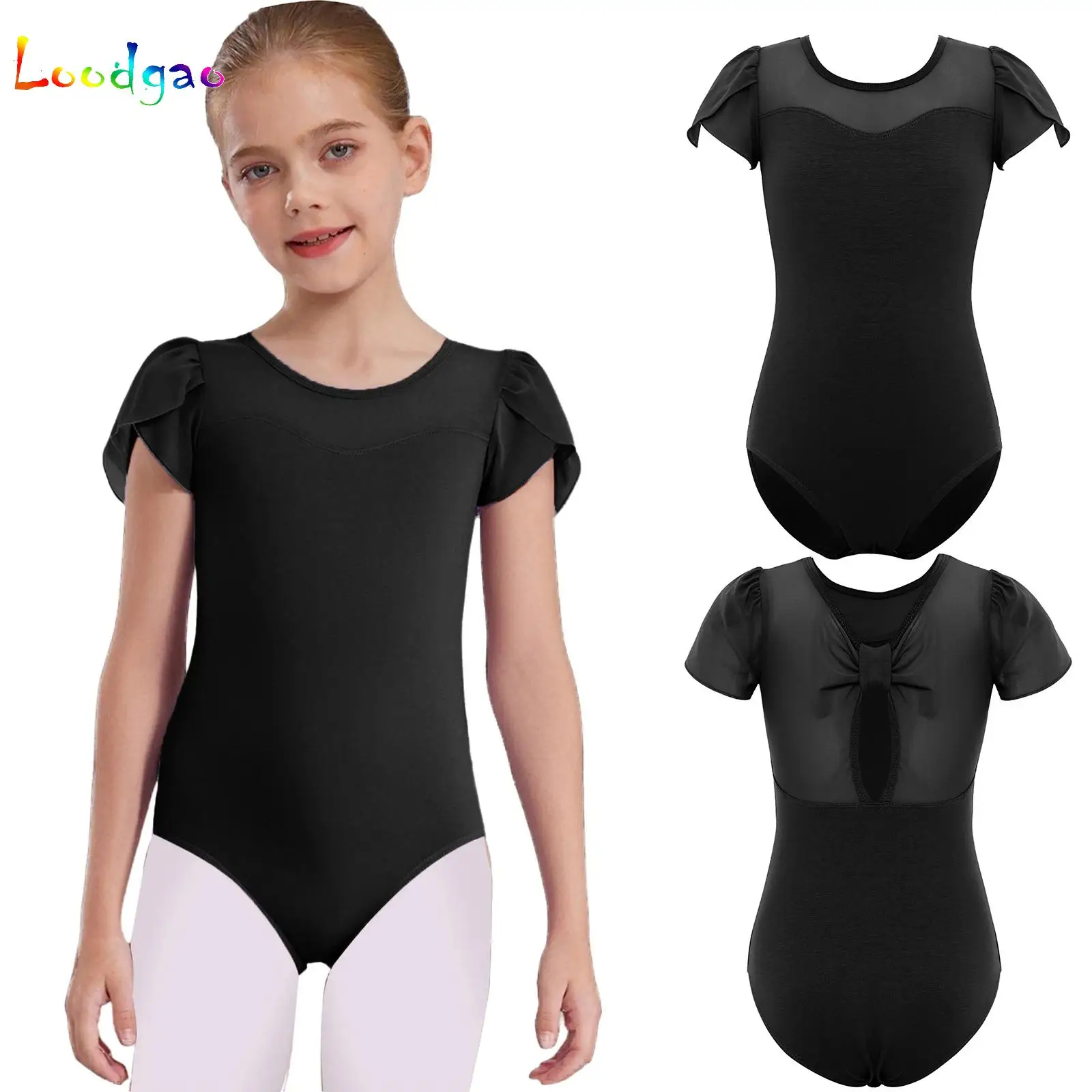 

Kids Girls Gymnastics Leotard Petal Sleeves Keyhole Knot Back Sheer Mesh Ballerina Dance Costume Athletics Jersey Child Bodysuit