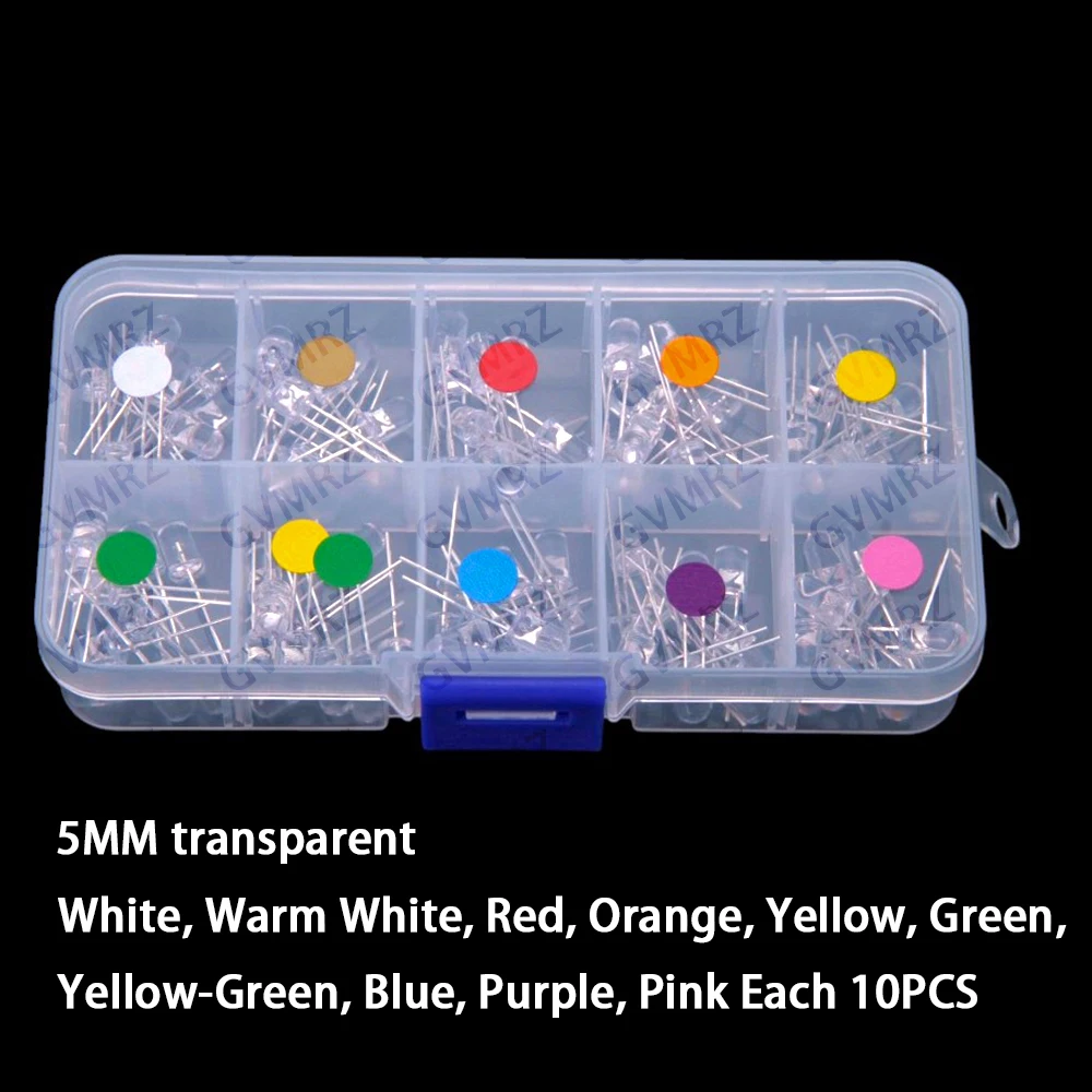 3mm / 5mm LED Red Yellow White Green Blue Orange Warm White Pink Purple Assorted Kit White Green Blue Orange