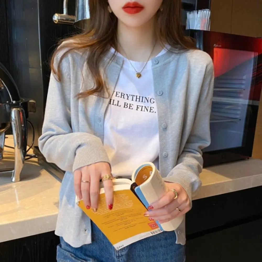 Loose Fit Long Sleeve Knit Cardigan Solid Color O Neck Women Cardigan Single Breasted Cardigan Top