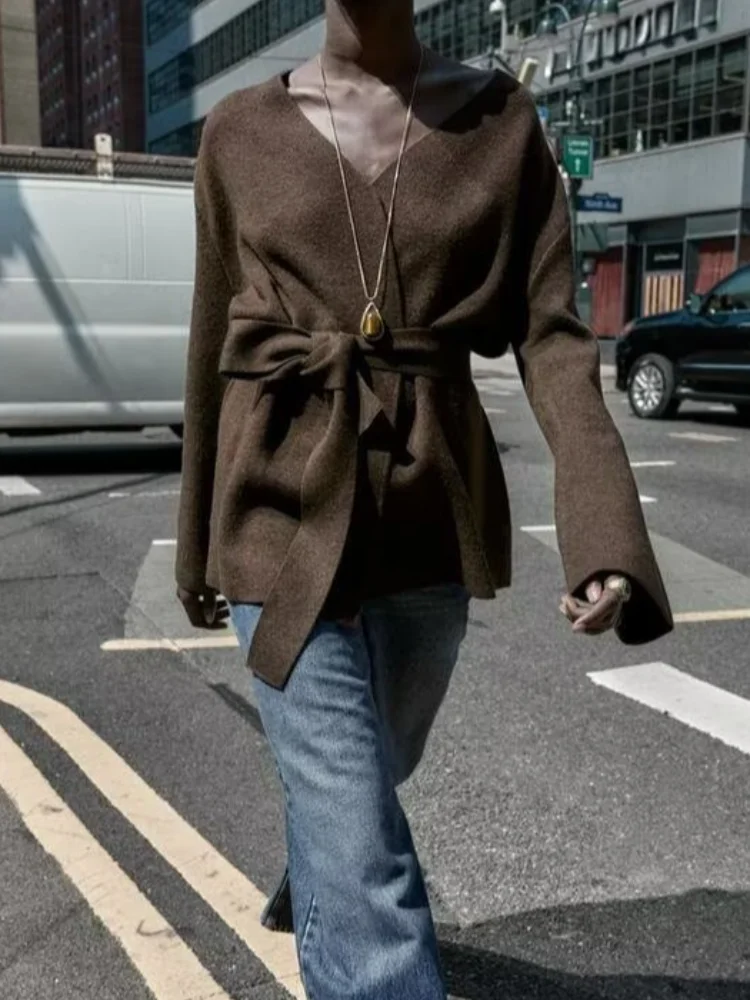 

Chic Brown Lace-up Cardigan Lady Casual Solid V-neck Full Sleeve Loose Kintted Sweater Women 2025 Daily Commute Street Cardigans