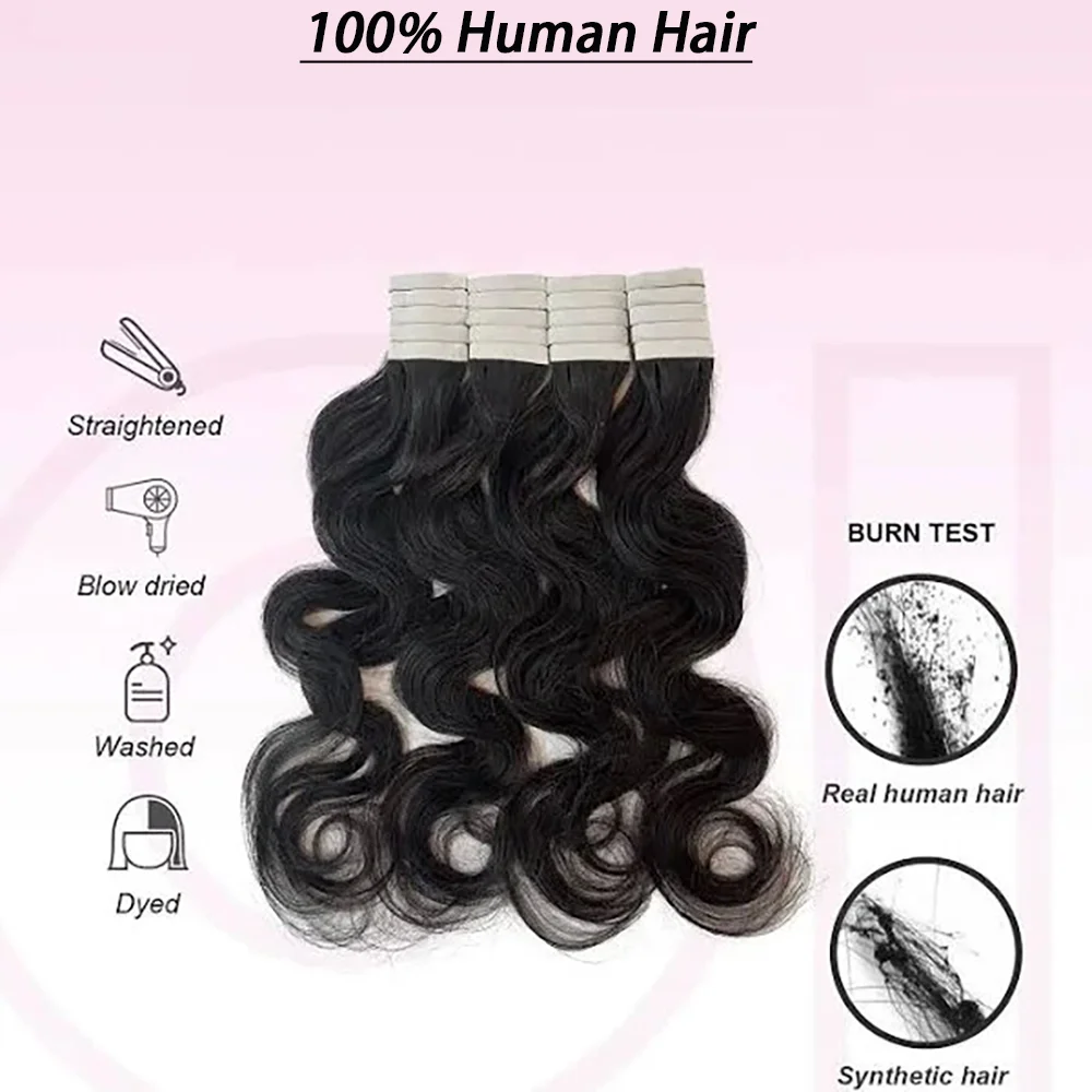 Body Wave Tape dalam ekstensi rambut hitam 100% tidak diproses rambut manusia pita pakan kulit dalam ekstensi rambut 20 22 24 inci untuk wanita