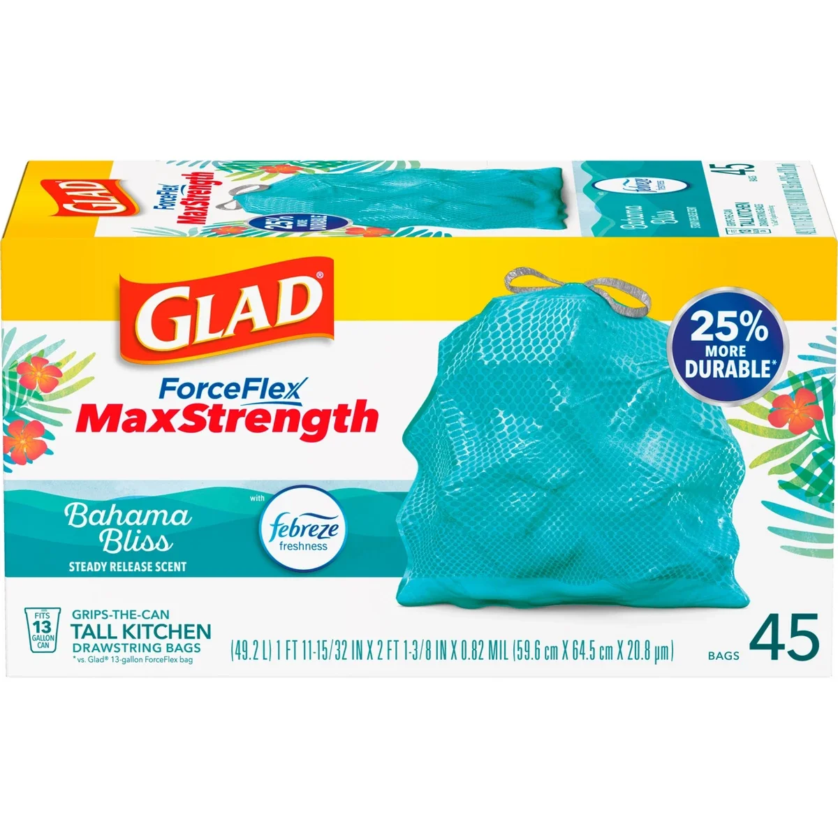 ForceFlex MaxStrength Bahama Bliss Drawstring Trash Bags - Febreze Freshness - 13gal - 45ct: Extra Strong Gripping Handles, Tall Kitchen Size