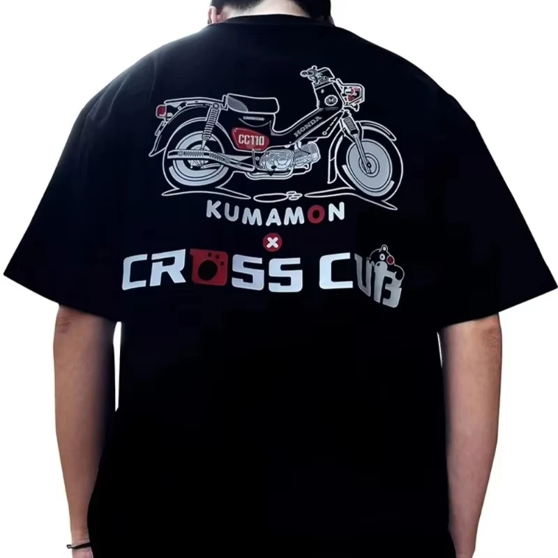 

New 2025 Summer Casual T-Shirt Top KUMAMON X CROSS CUB Cartoon Creative Motorcycle Pattern Printed Short Sleeve Casual Crew Neck