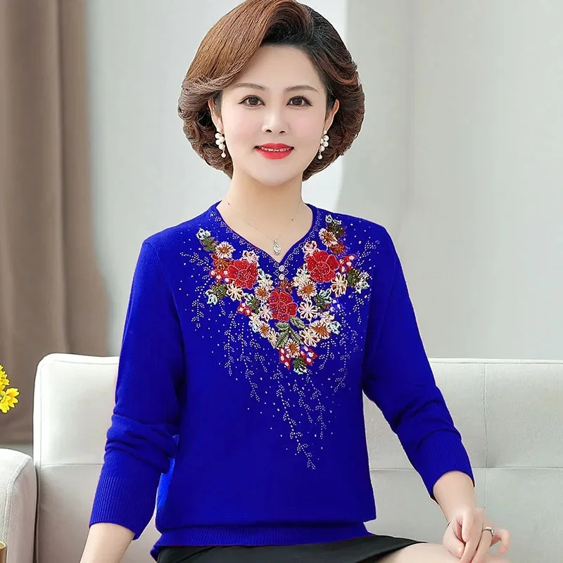 Fashion Middle Aged Elderly Women\'s Sweater 2023 New Spring Autumn  Knitted Sweater Pullover Casual Lady Embroidery Knitwear Top