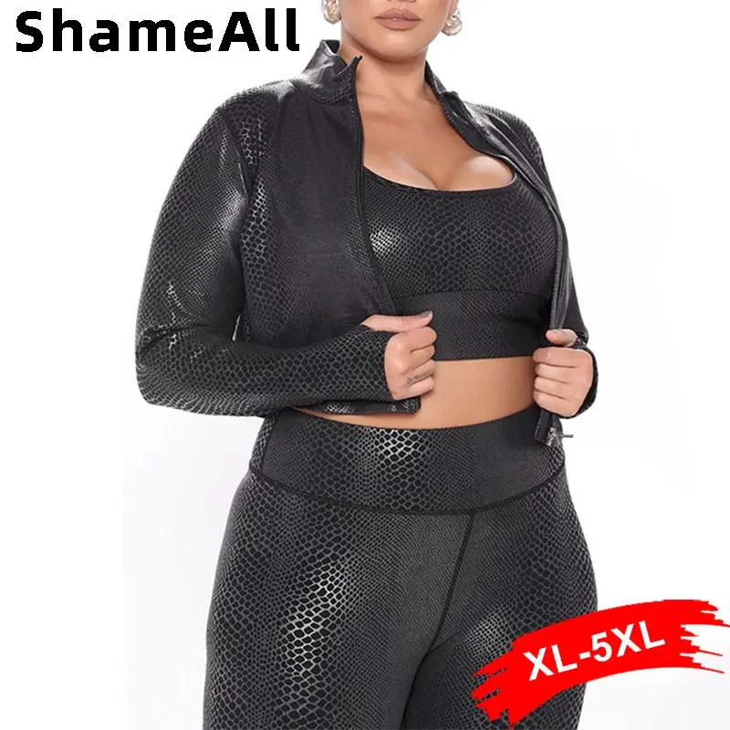 

Plus Size Punk Faux Pu Leather 3 Pieces Set 5XL Zipper Jacket Vest Stretchy Skinny Pant Tracksuits Sexy Black Serpentine Outfits