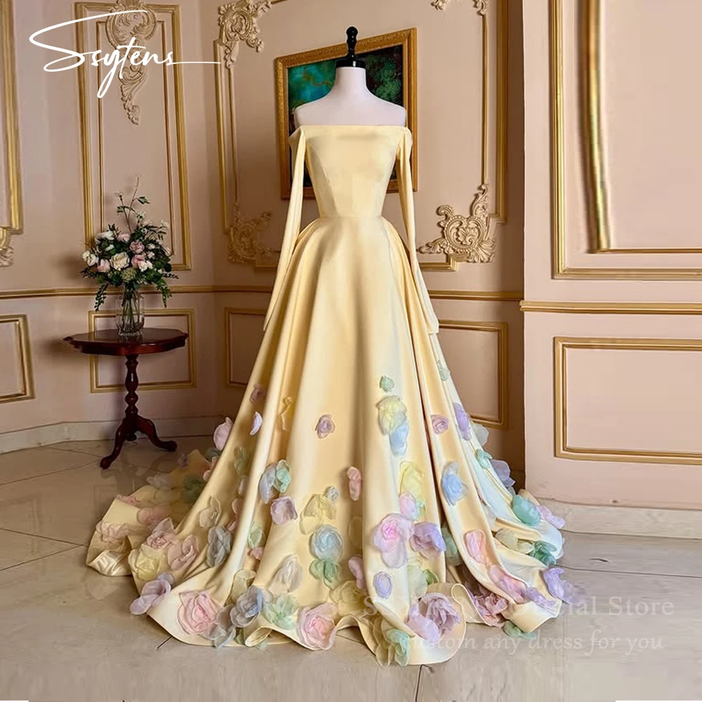 

SSYTENS Exquisite Yellow Prom Dresses Wedding Strapless Colorful 3D Flowers Sweep Train Long Sleeves Evening Dresses Customized