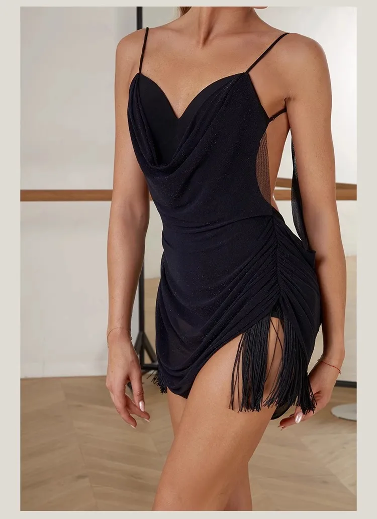 ZYM Latin Dance Dress Mini Black Brown Mesh Fringe Latin Practice Performance Wear #2451
