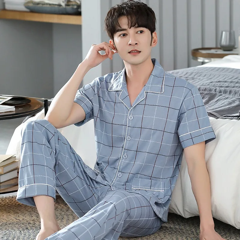 Plus Size Spring Autumn 100% Cotton Pijama for Men Dormir Lounge Sleepwear Pyjamas Bedgown Home Clothes 2 Pieces PJ Pajamas