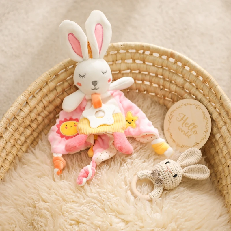 

Baby Security Blanket Rabbit with Tags Teether Rattles Mobile Soft Blanket Snuggle Toys Stuffed Animal for Babies Newborns Gift