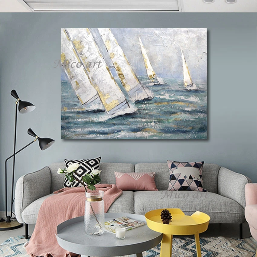 

Unframed Modern Wall Art 3d Seascapes With Boats Canvas Picture Abstract Gold Foil Design Texture Beautiful Scenery Painting