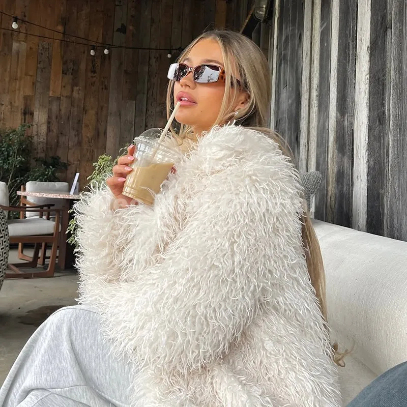 Neo Mint Winter 2025 Trend Burgundy Obsession Long Faux Mongolia Sheep Fur Jacket Coat Women Chic Lapel Collar Fluffy Overcoat