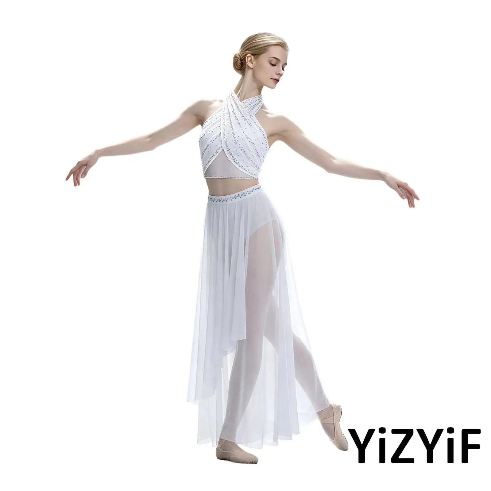 Women's Lyrical Dance Costume Halter Backless Rhinestones Crop Top and Wide Leg Mesh Pants for Salsa Latin Ballet Dance Clothing