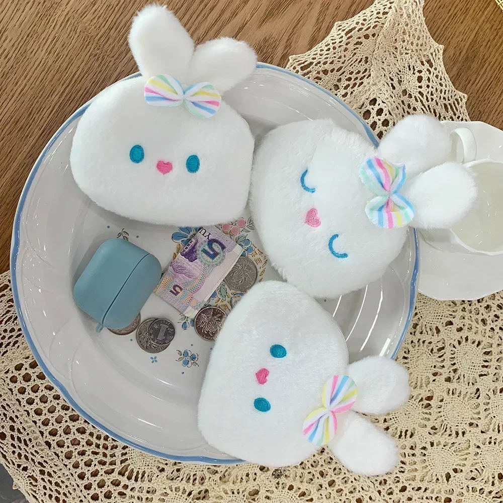 Cute White Rabbit Keys Earphone Organizer Bag Comfortable Soft Plush Rabbit Coin Purse for Small Photo Cards Storage Bag