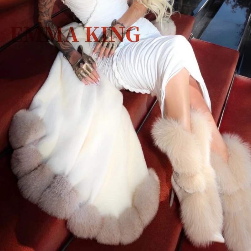 البيج الفراء أشار تو أبازيم أحذية النساء الكاحل الأشرطة موضة أحذية دافئة في الشتاء الصلبة أفخم فستان الحفلات مثير أحذية للنساء